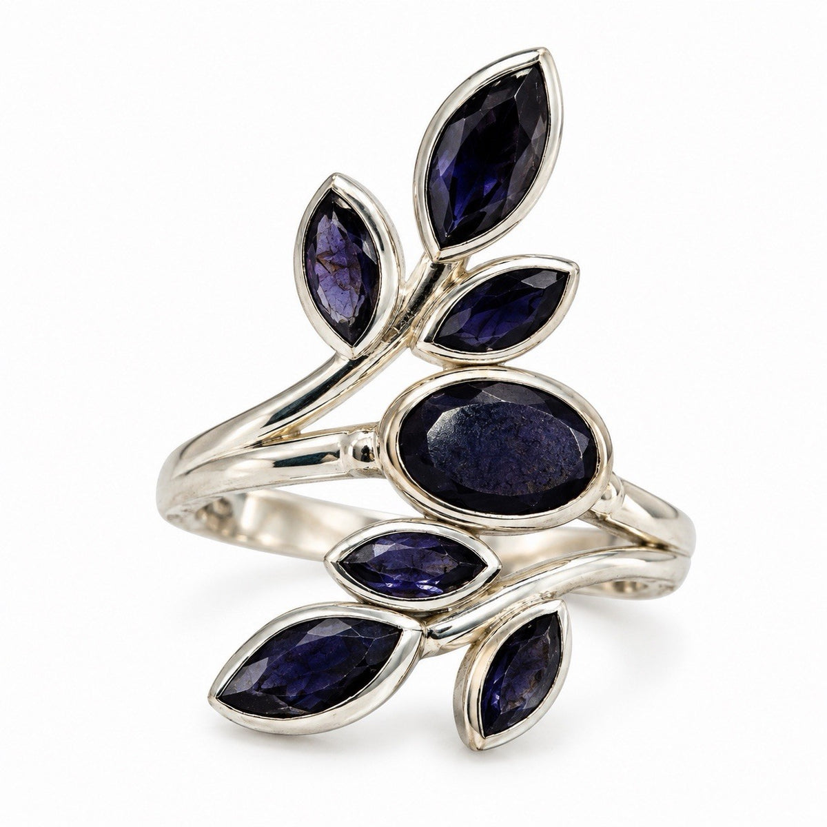 925 Sterling Silver Deep Purple Amethyst Color Gemstones Floral Leaf Ring Size 7