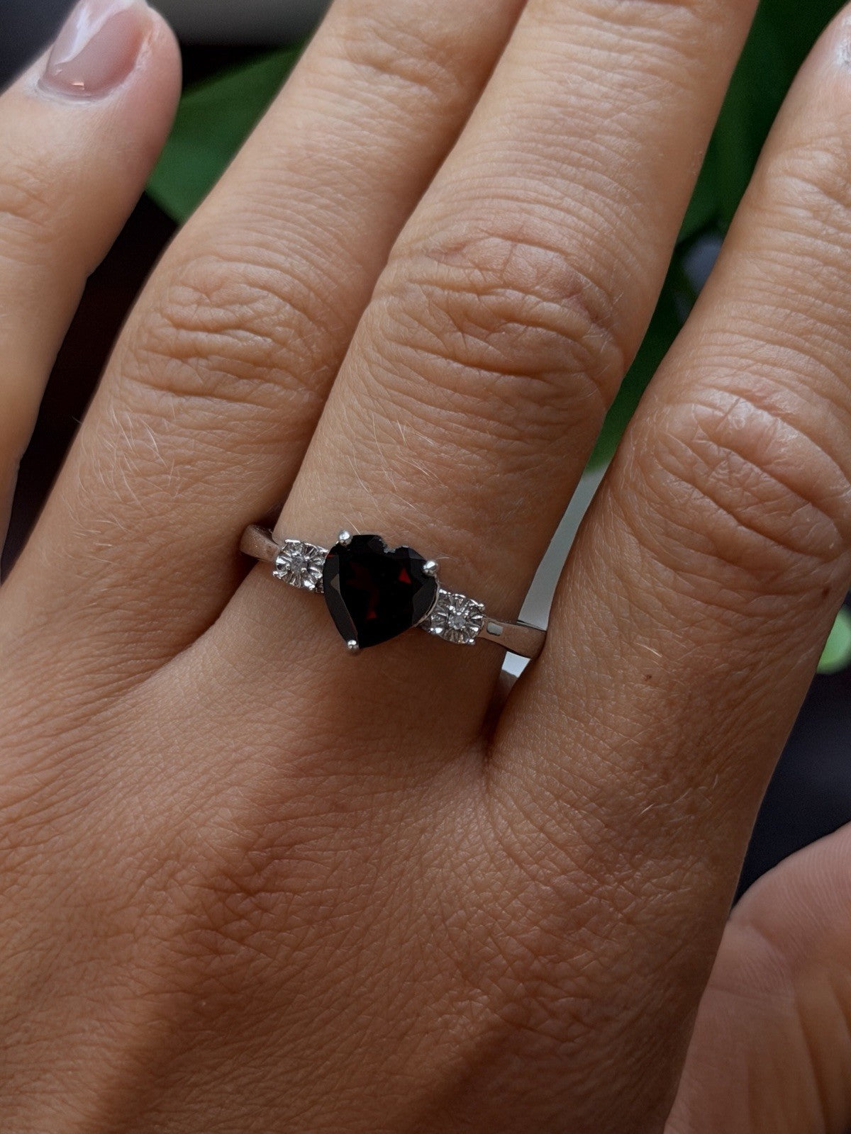 925 Sterling Silver Heart Cut Garnet with White Beryl Stones Ring Size 10