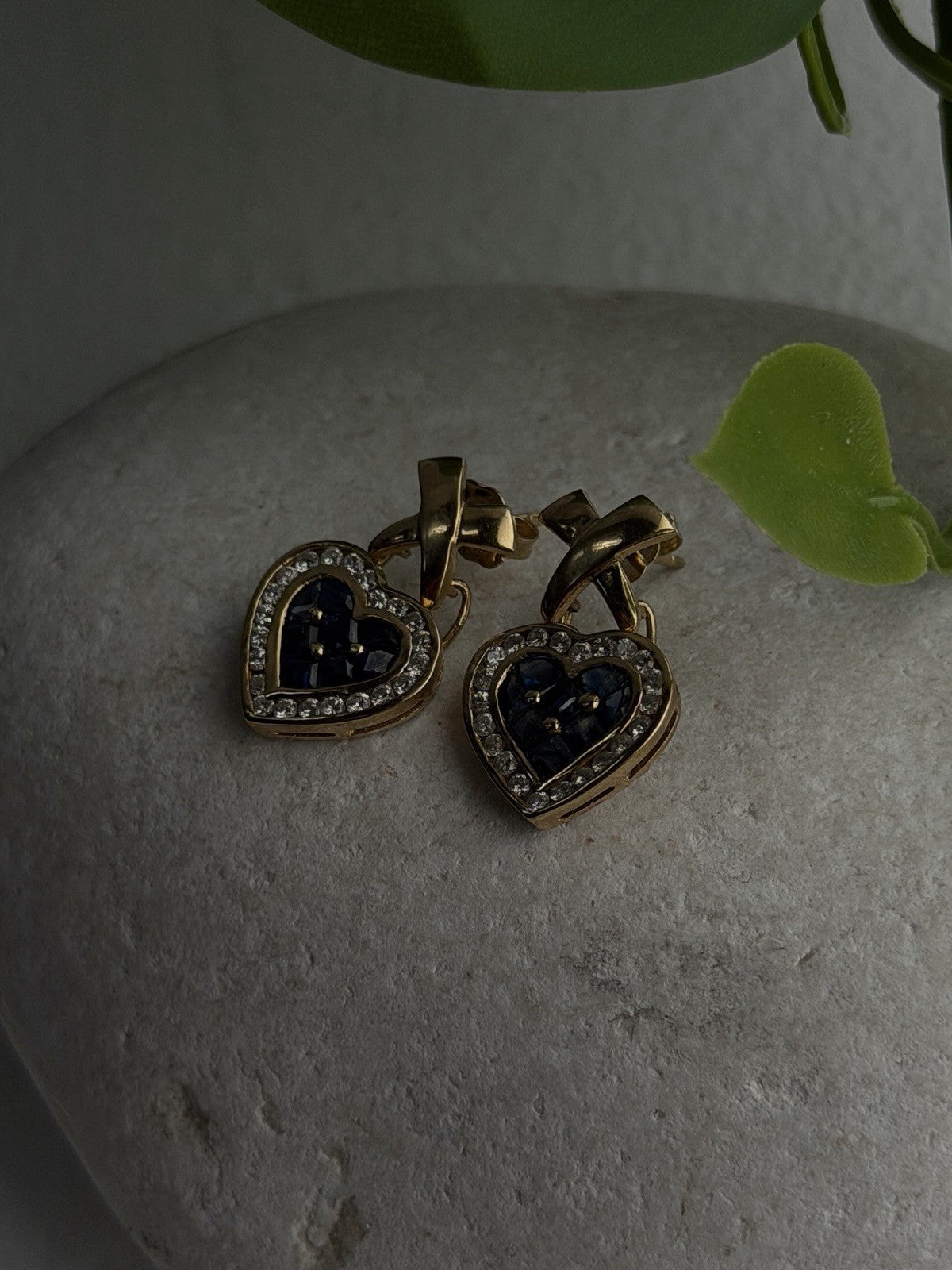 Romantic 14K Yellow Gold Heart Sapphire & Diamond Earrings