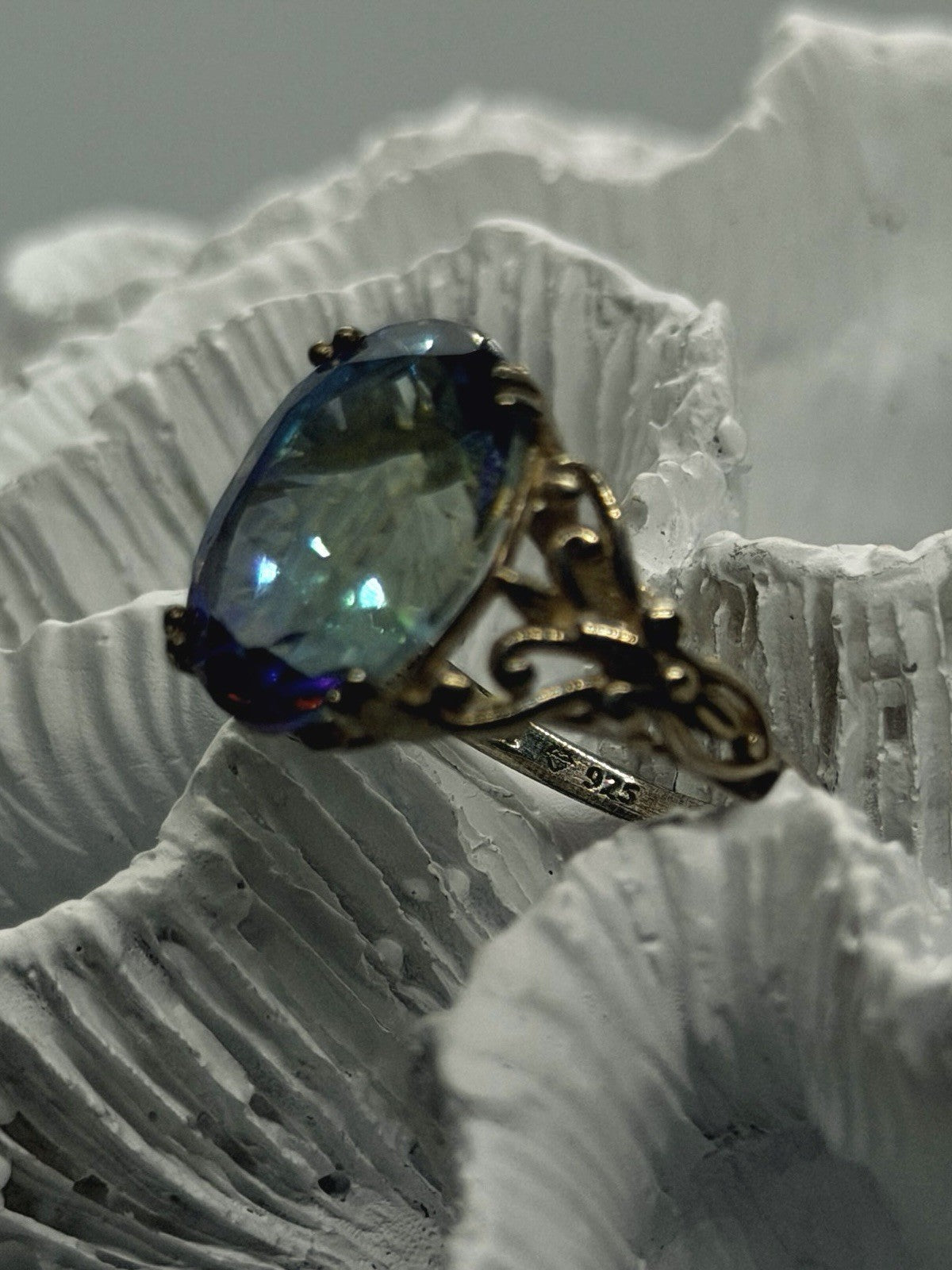 925 Sterling Silver Mystic Topaz Oval Floral Ring Size 8