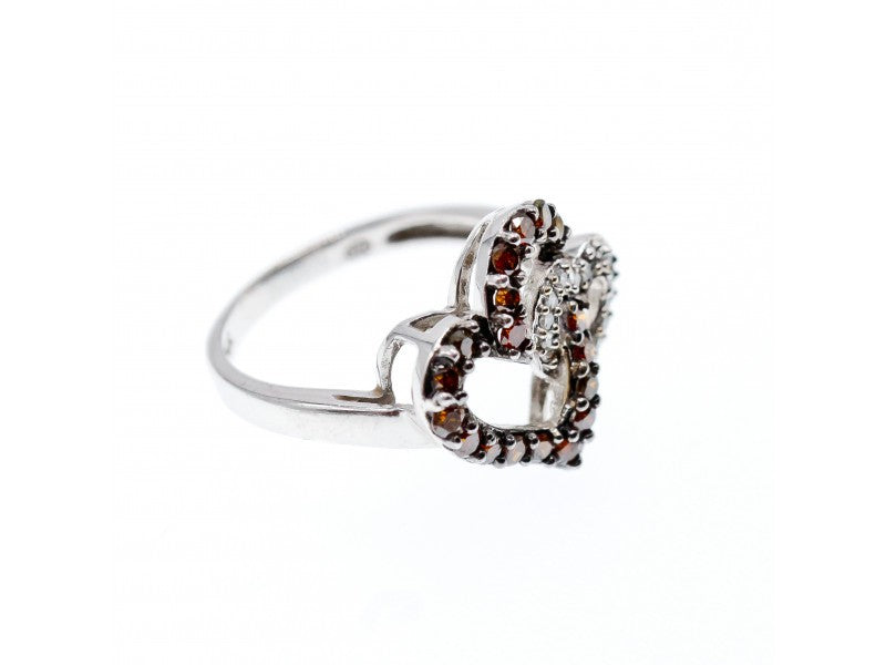 10K White Gold Hessonite & Diamonds "Hearts" Ring Size 7