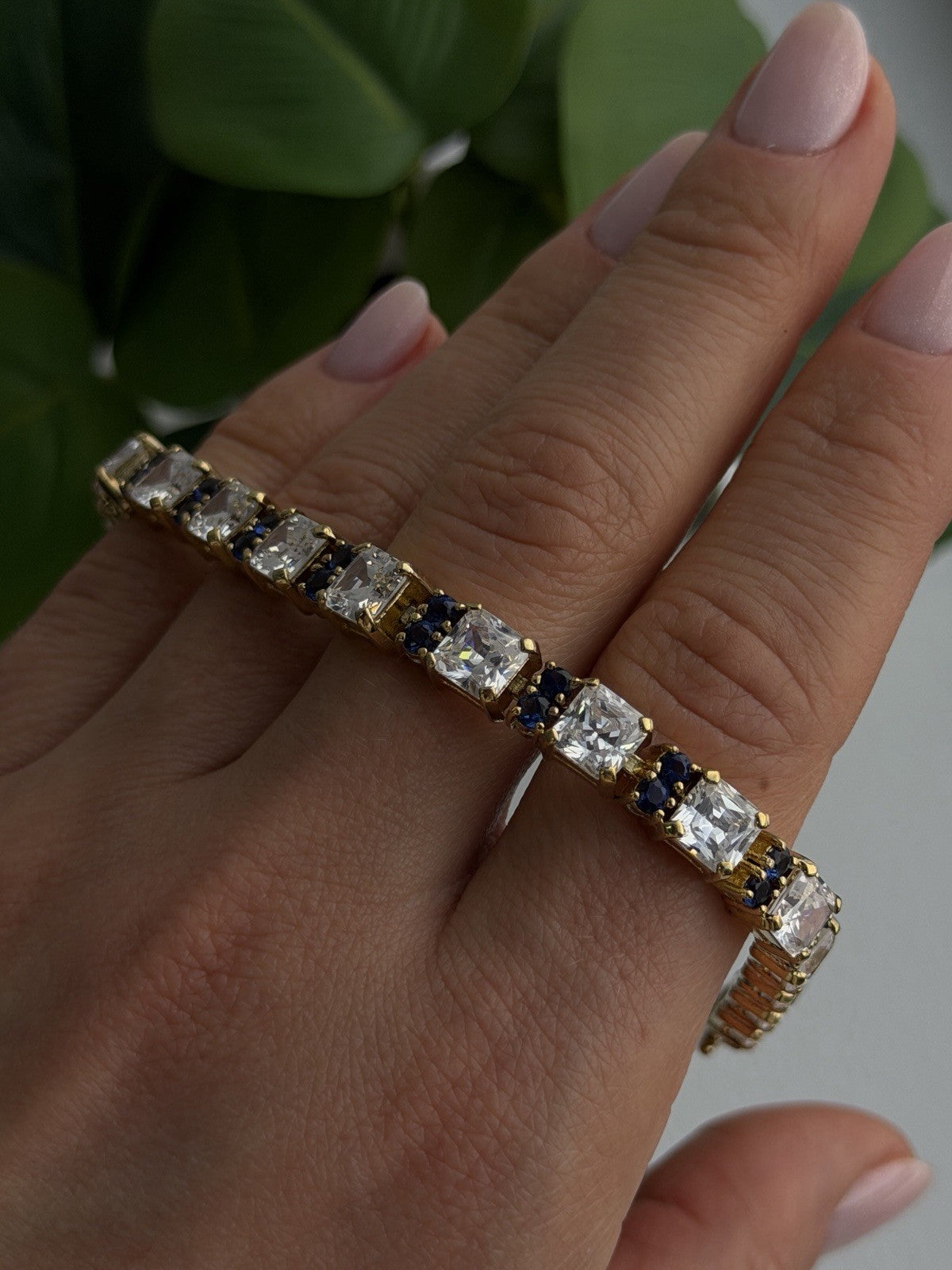 925 Sterling Silver Gold Plated White Colorless & Blue Cz Bracelet 7.5