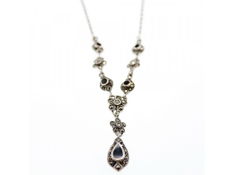 925 Sterling Silver Nephrite & Marcasite Necklase