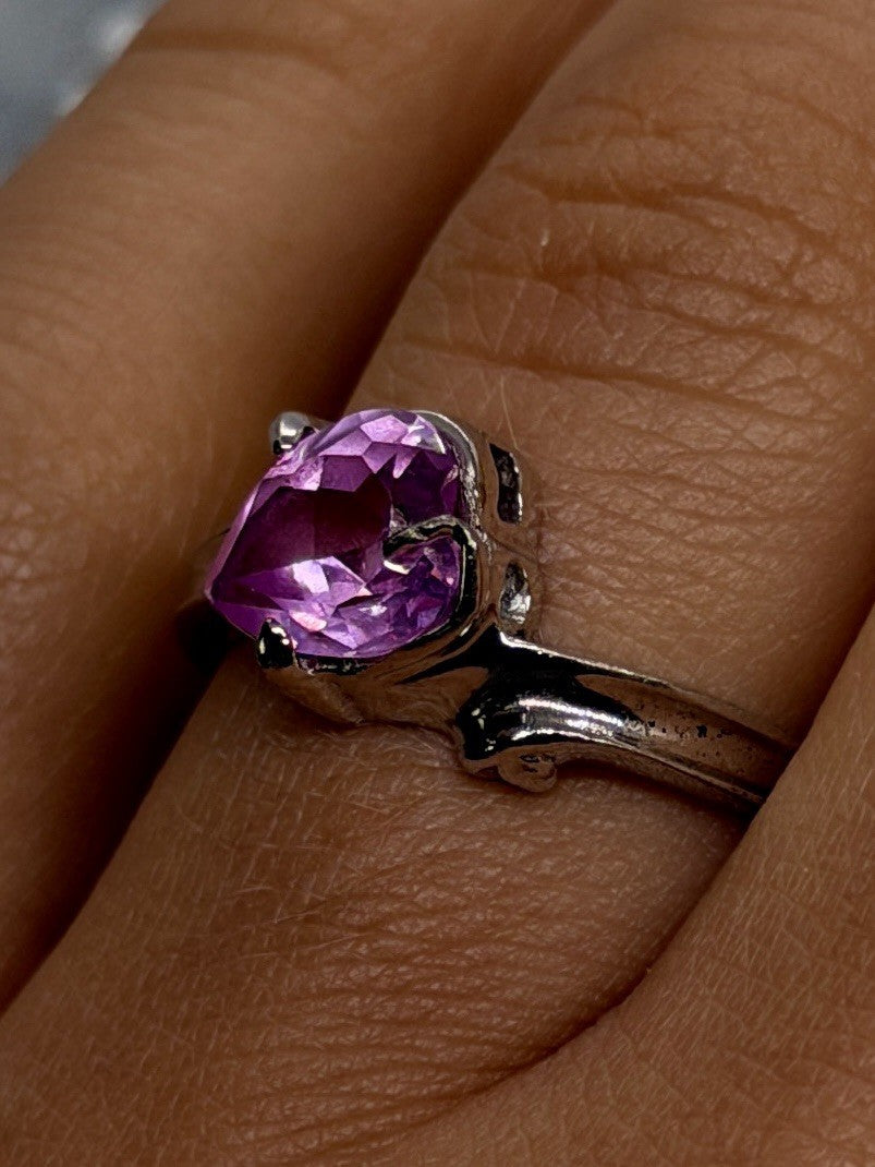 925 Sterling Silver Heart Shaped Pink Sapphire Ring Size 8