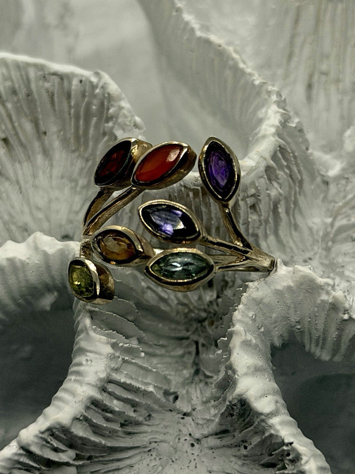 Adjustable 925 Sterling Silver Multi Color Ring Floral Design
