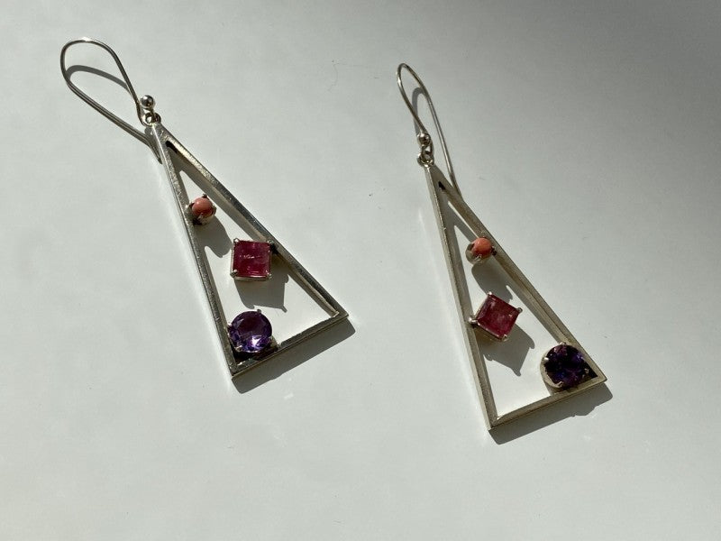 925 Sterling Silver Morganite, Iolite & Agate Earrings