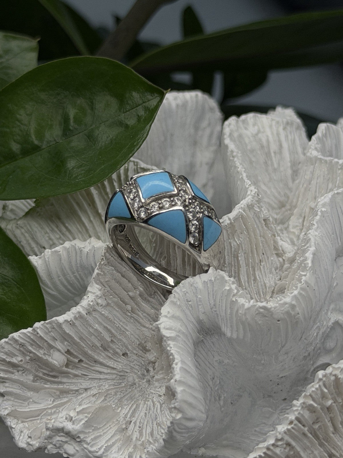 925 Sterling Silver Blue Turquoise & White Colorless Beryl Ring Size 9