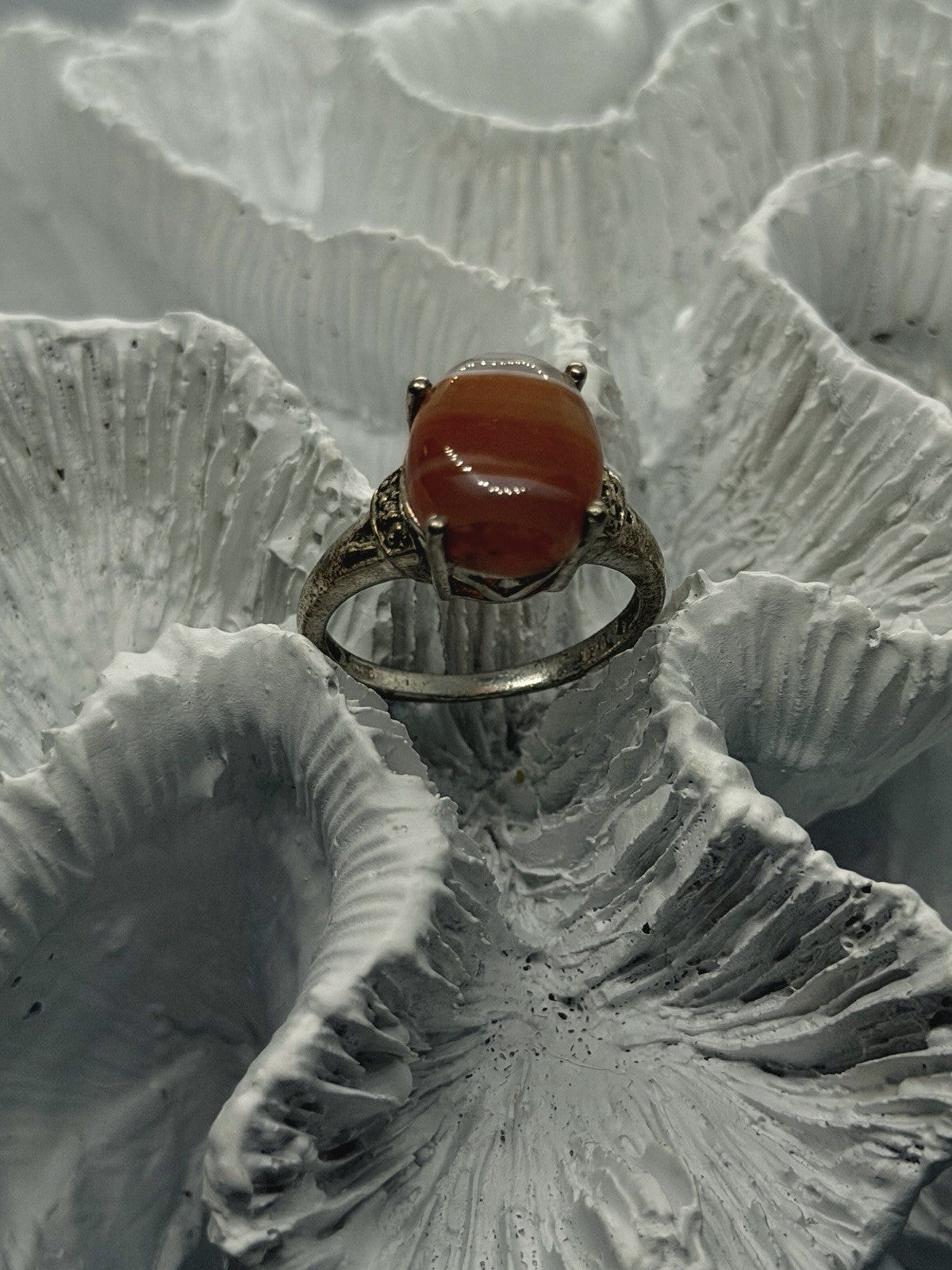 925 Sterling Silver Carnelian & Marcasites Ring Size 7