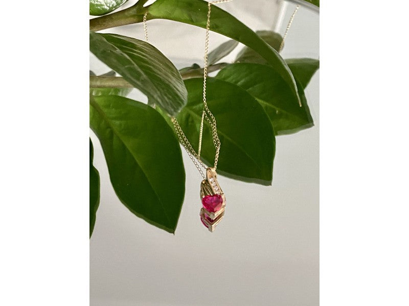 10K Yellow Gold Ruby & Diamonds Heart Chain With Pendant