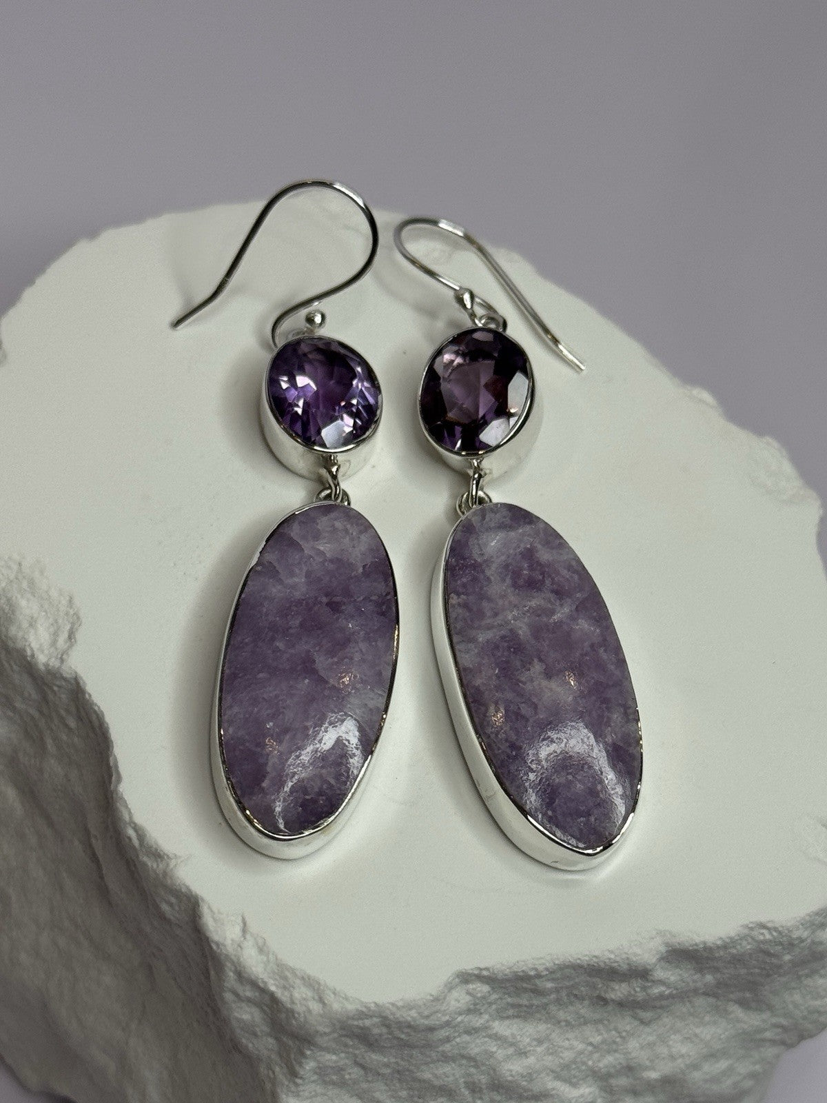 925 Sterling Silver Lepidolite & Amethyst Earrings Length 2.5 Inch