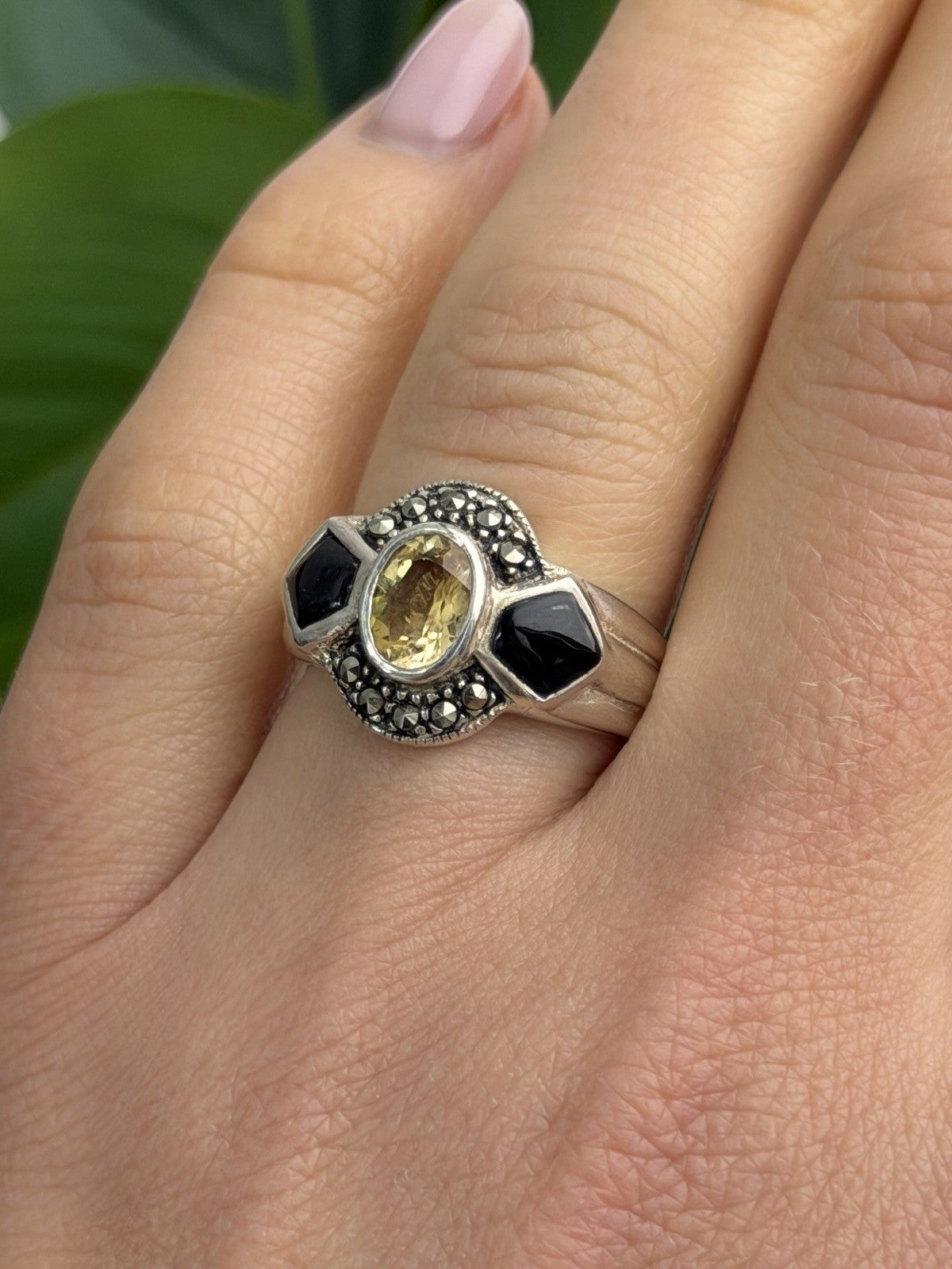 925 Sterling Silver Citrine & Onyx & Marcasite Ring Size 7