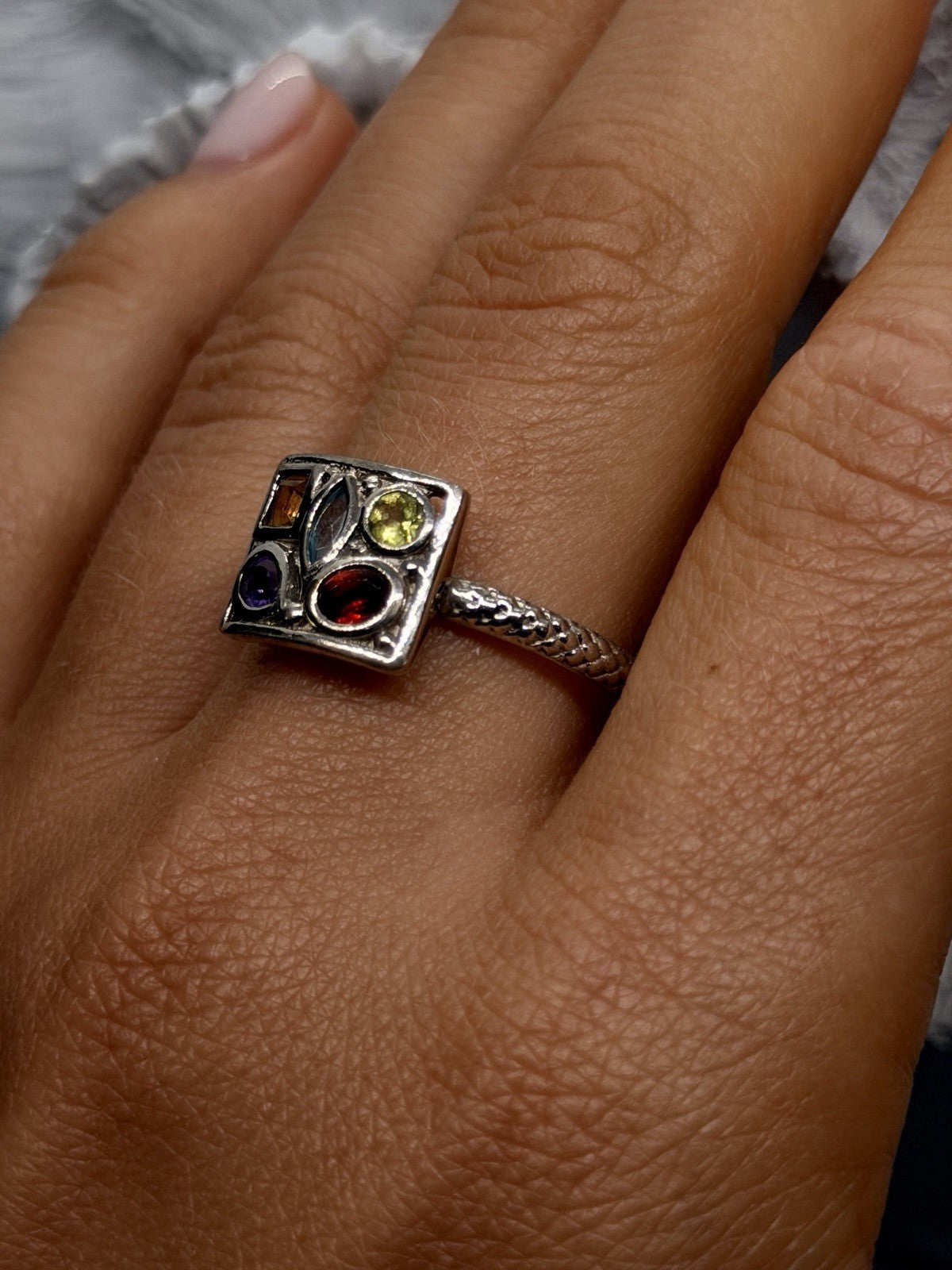 925 Sterling Silver Multi-Gemstone Cluster Ring Size 10