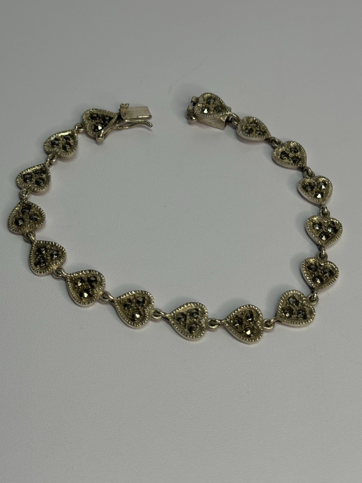 Vintage 925 Sterling Silver Marcasite Heart Bracelet Length 7 Inch