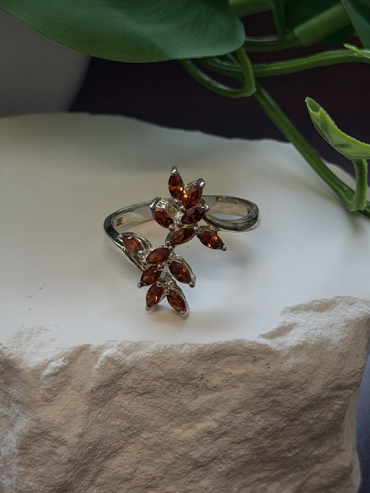 925 Sterling Silver garnet Flower Ring Adjustable