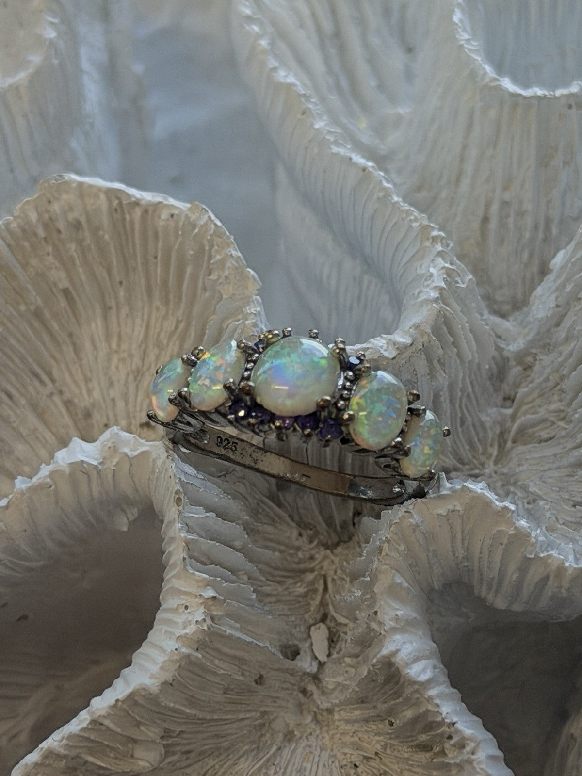 925 Sterling Silver Opal & Amethyst Ring Size 8