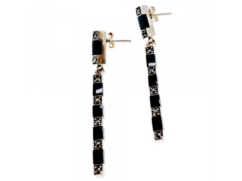 925 Sterling Silver Black Nephrite & Marcasites Earrings