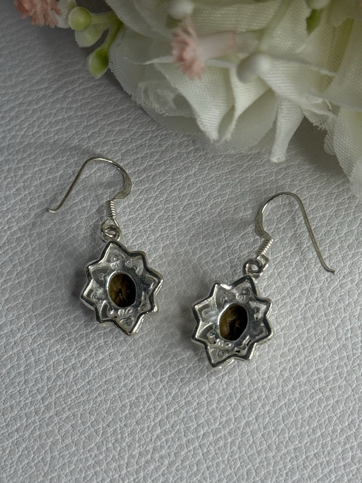925 Sterling Silver Hessonite & Marcasite Earrings Length 1.10 Inch