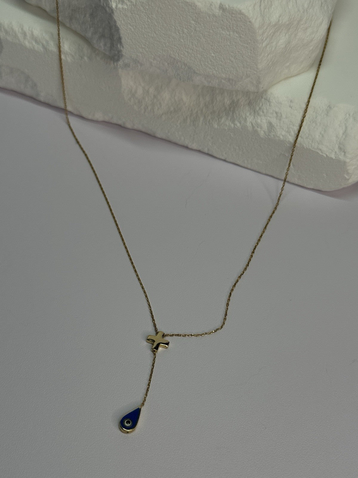 14K YELLOW GOLD CROSS EVIL EYE NECKLACE LENGTH 15 INCH