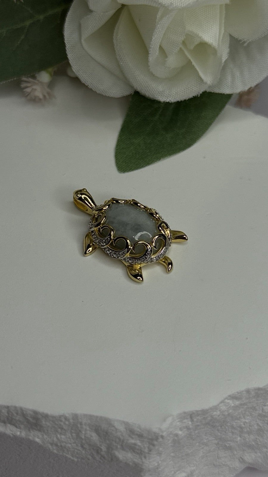 925 Sterling Silver Gold Plated Turtle Green Jade Pendant