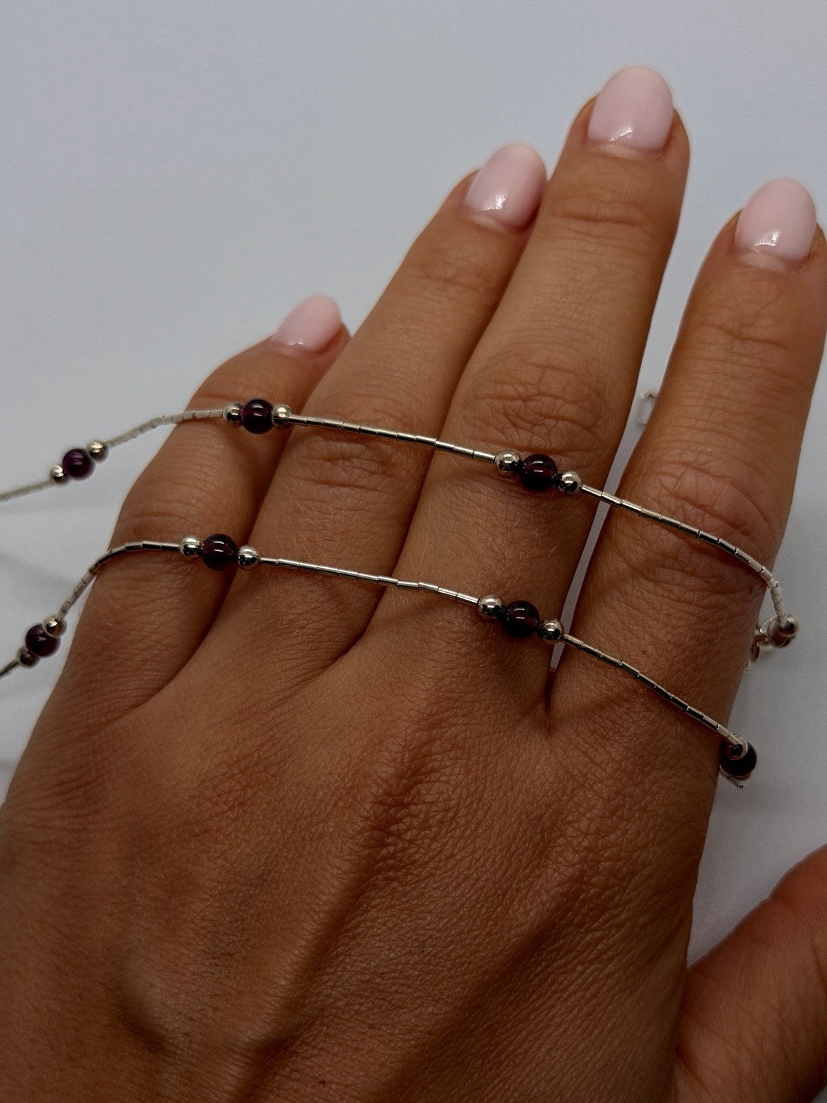925 Sterling Silver Deep Red Garnet Beaded Necklace Adjustable