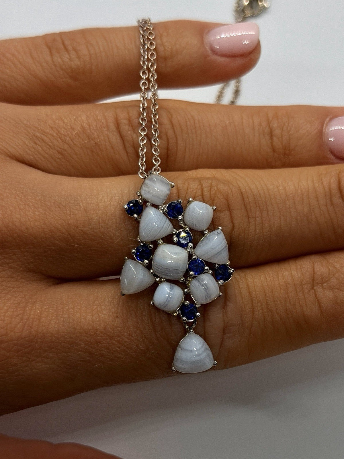 925 Sterling Silver Blue Lace Agate & Blue Sapphire Statement Pendant Necklace