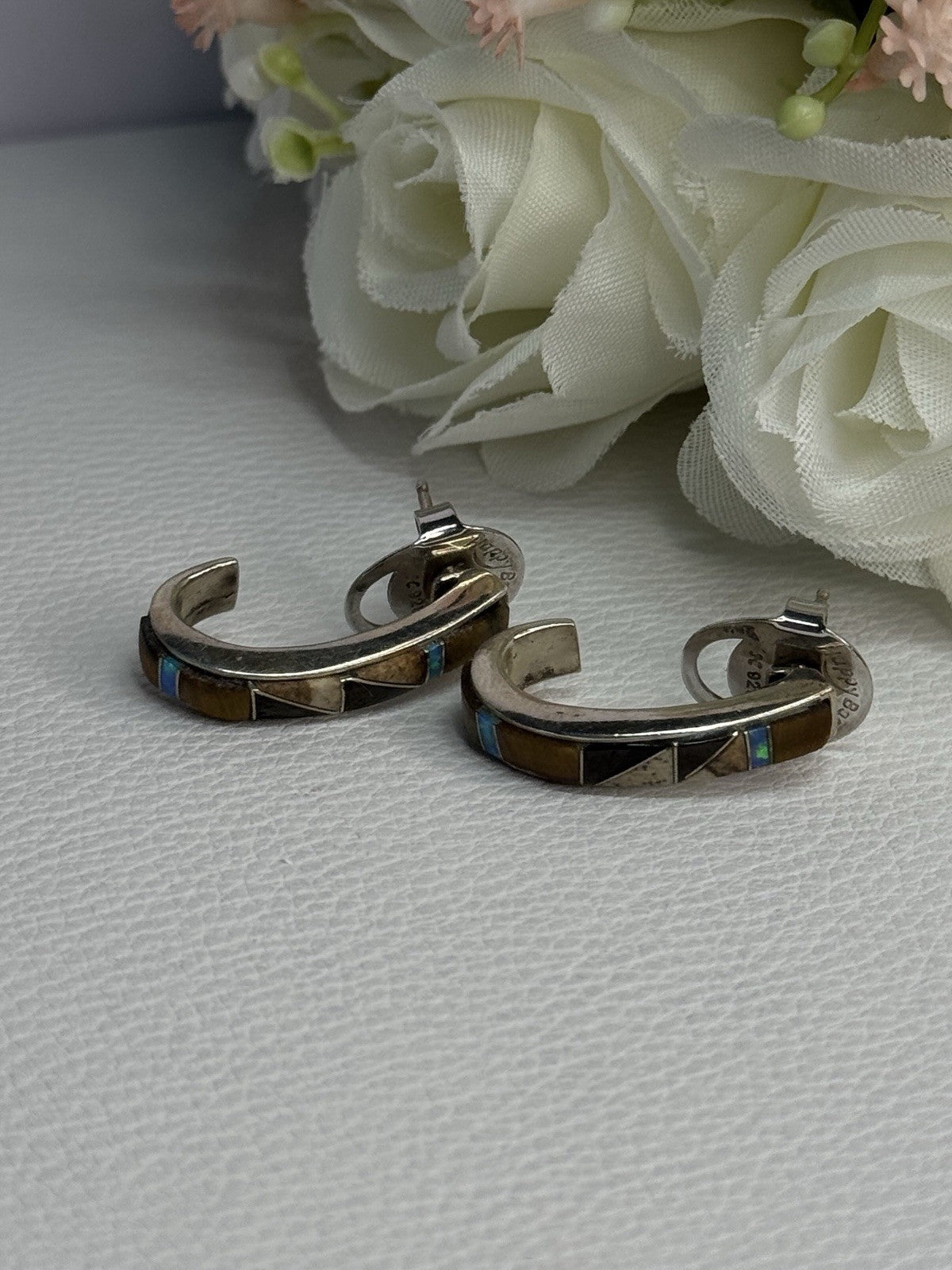 925 Sterling Silver Agate & Opal Earrings Length 0.95 Inch