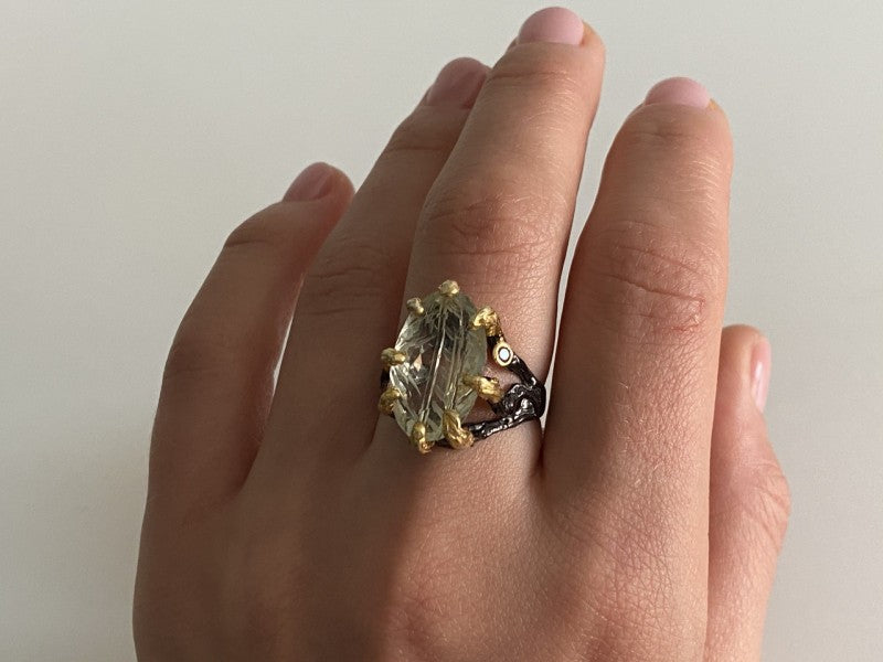 925 Blackened Silver With Gilding Green Amethyst & Heliodor Ring Size 9.75