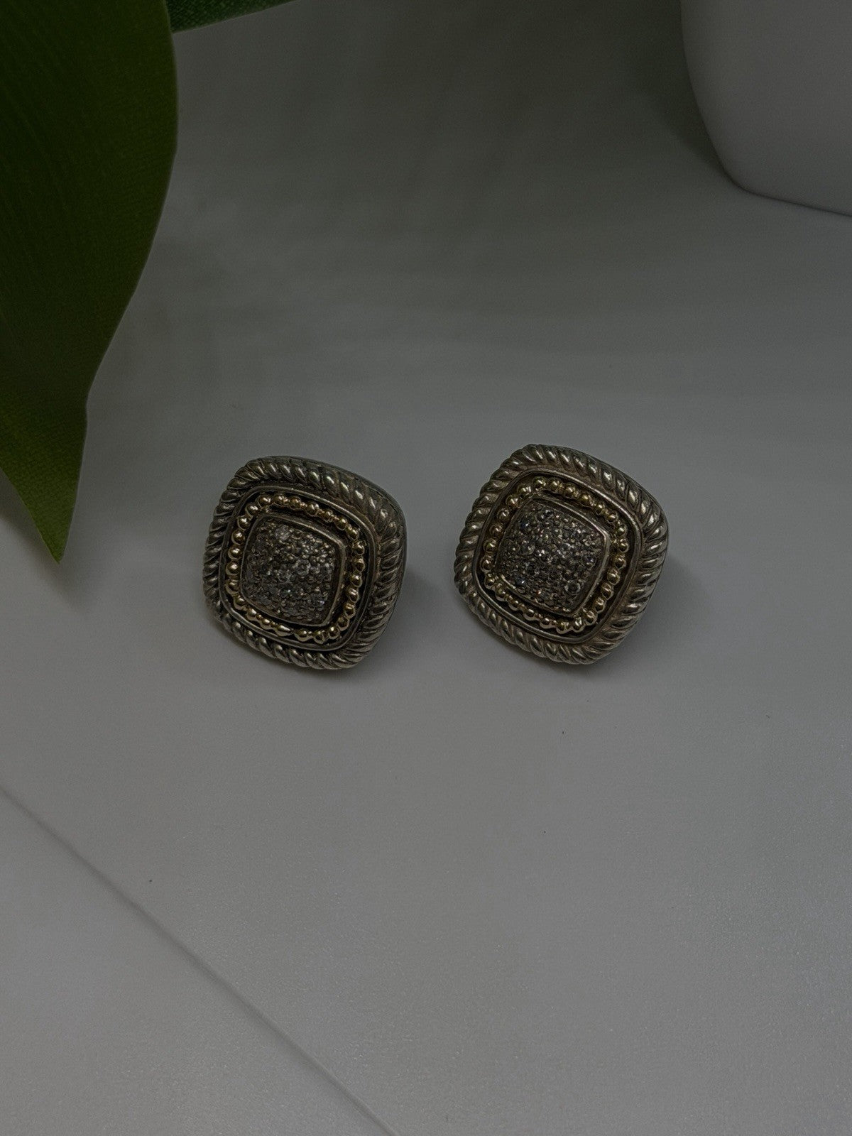 Vintage 14K yellow Gold & 925 Sterling Silver White Colorless Sapphire Earrings