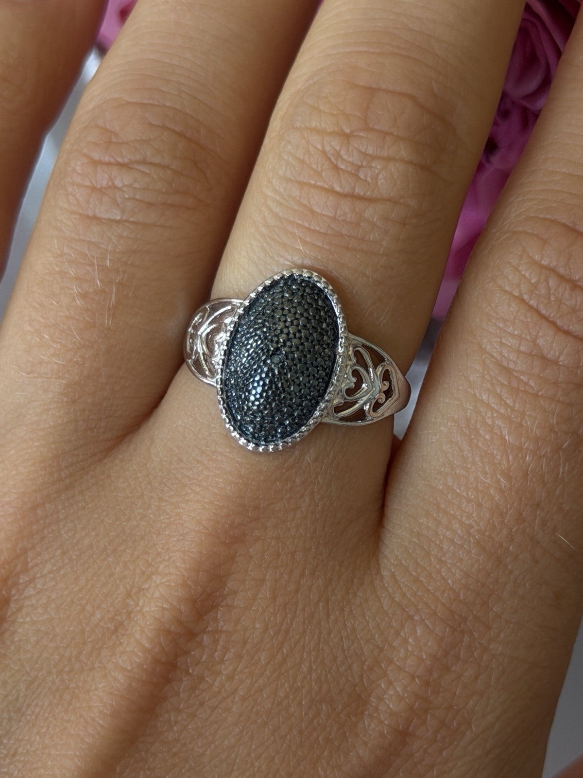 Vintage 925 Sterling Silver Black Diamond Ring Size 8