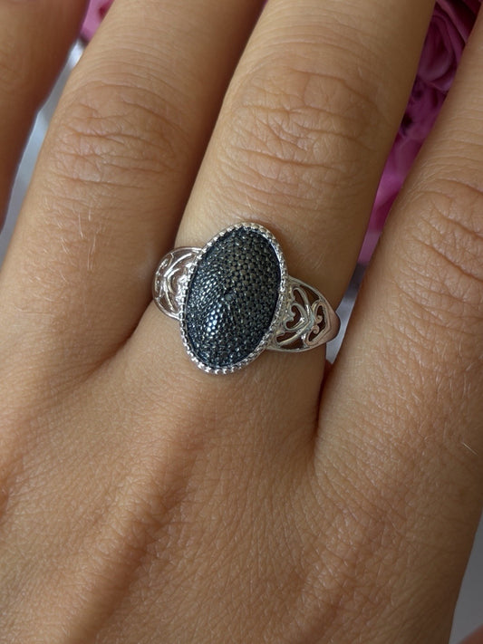 Vintage 925 Sterling Silver Black Diamond Ring Size 8