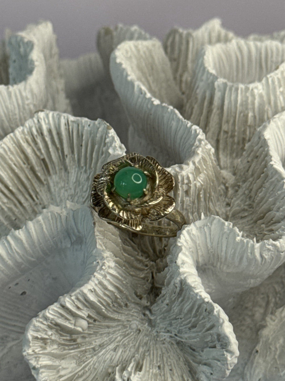 925 Sterling Silver Nephrite Flower Ring Size 6.5