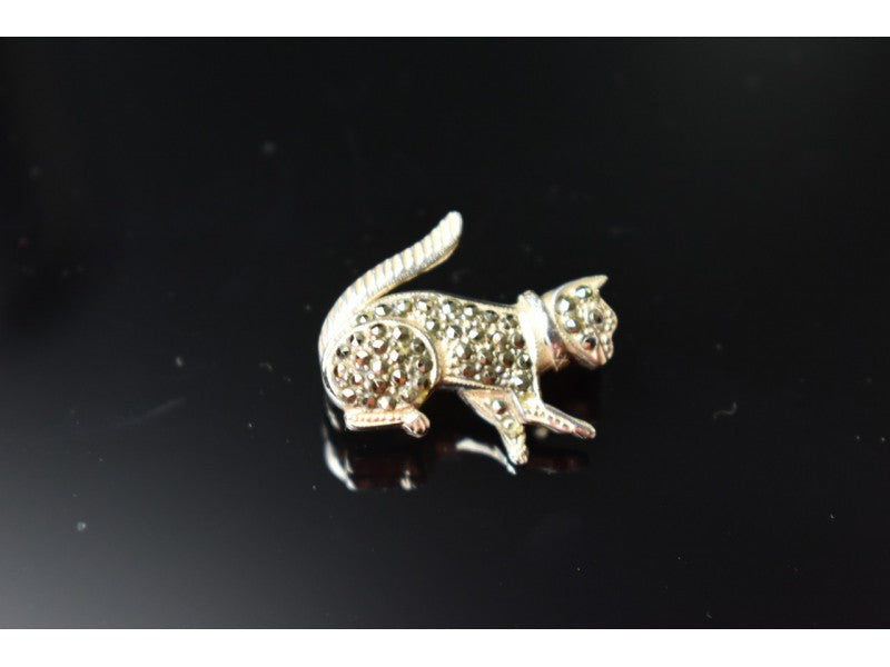 925 Sterling Silver Black Quartz (Morion) "Cat" Brooch