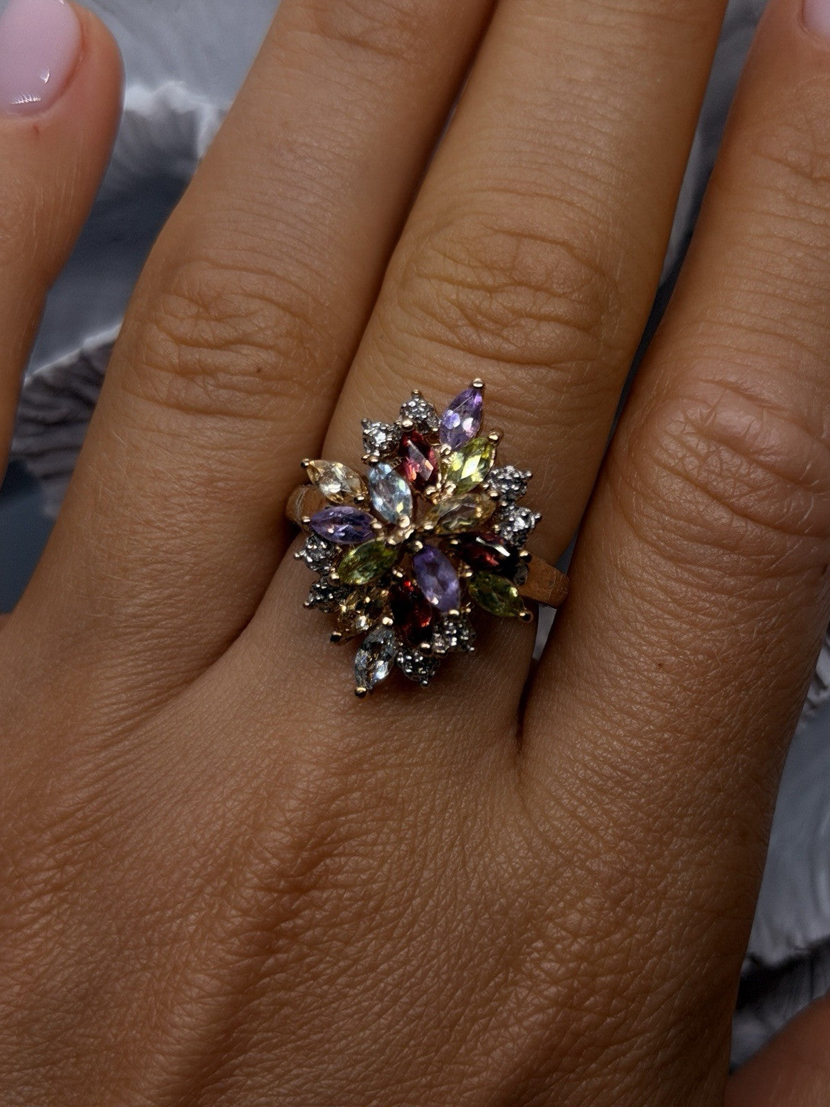925 Sterling Silver Gold Plated Multi-Gemstone Floral Cluster Ring Size 8