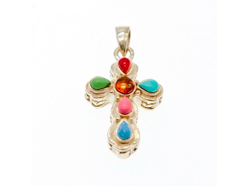 925 Sterling Silver Multicolor Agate Cross Pendant