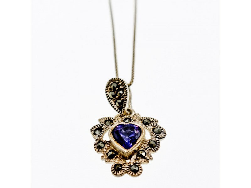 925 Sterling Silver Amethyst & Marcasites "Heart" Chain With Pendant Italy