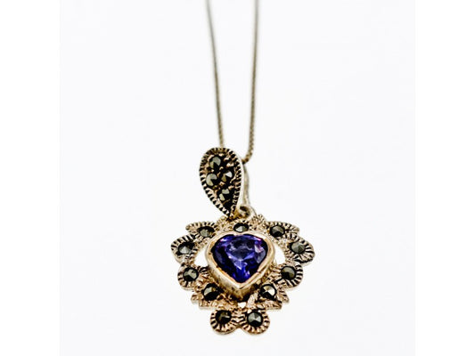 925 Sterling Silver Amethyst & Marcasites "Heart" Chain With Pendant Italy