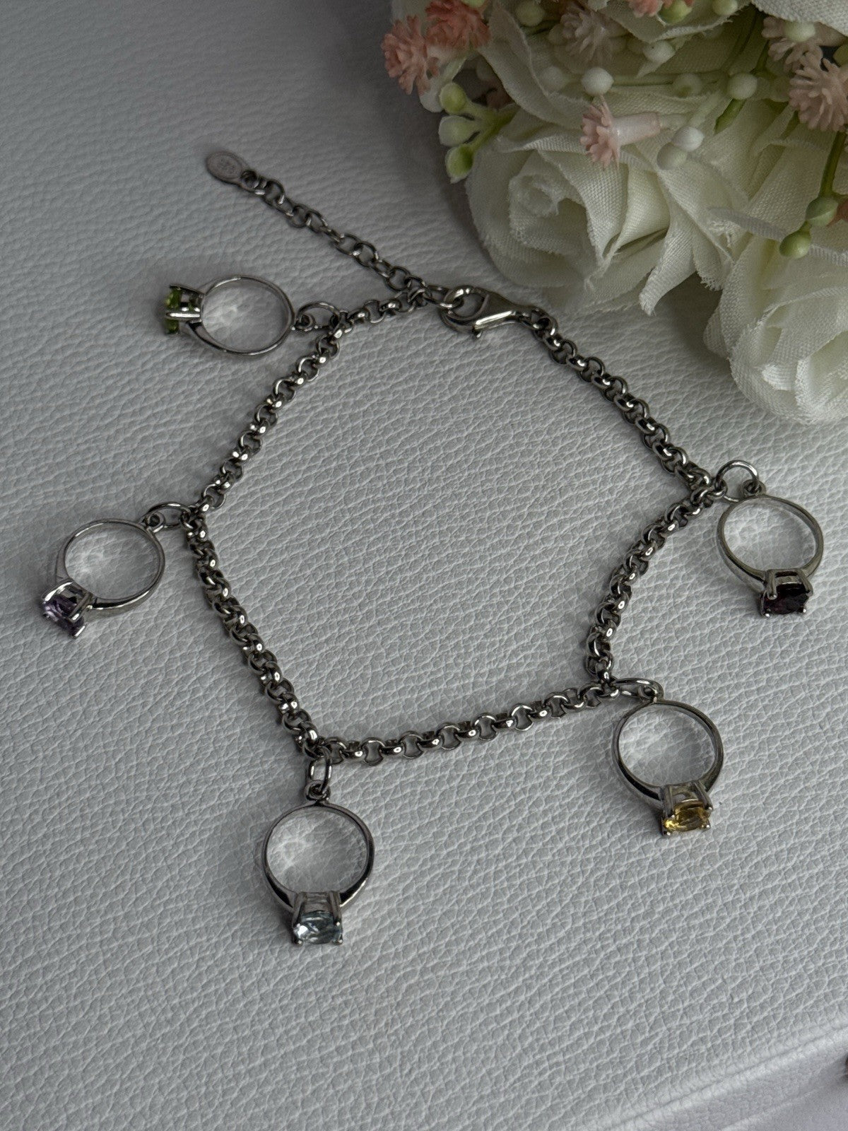 925 Sterling Silver Bracelet Multicolor Gemstones Length 8, 9 Inch