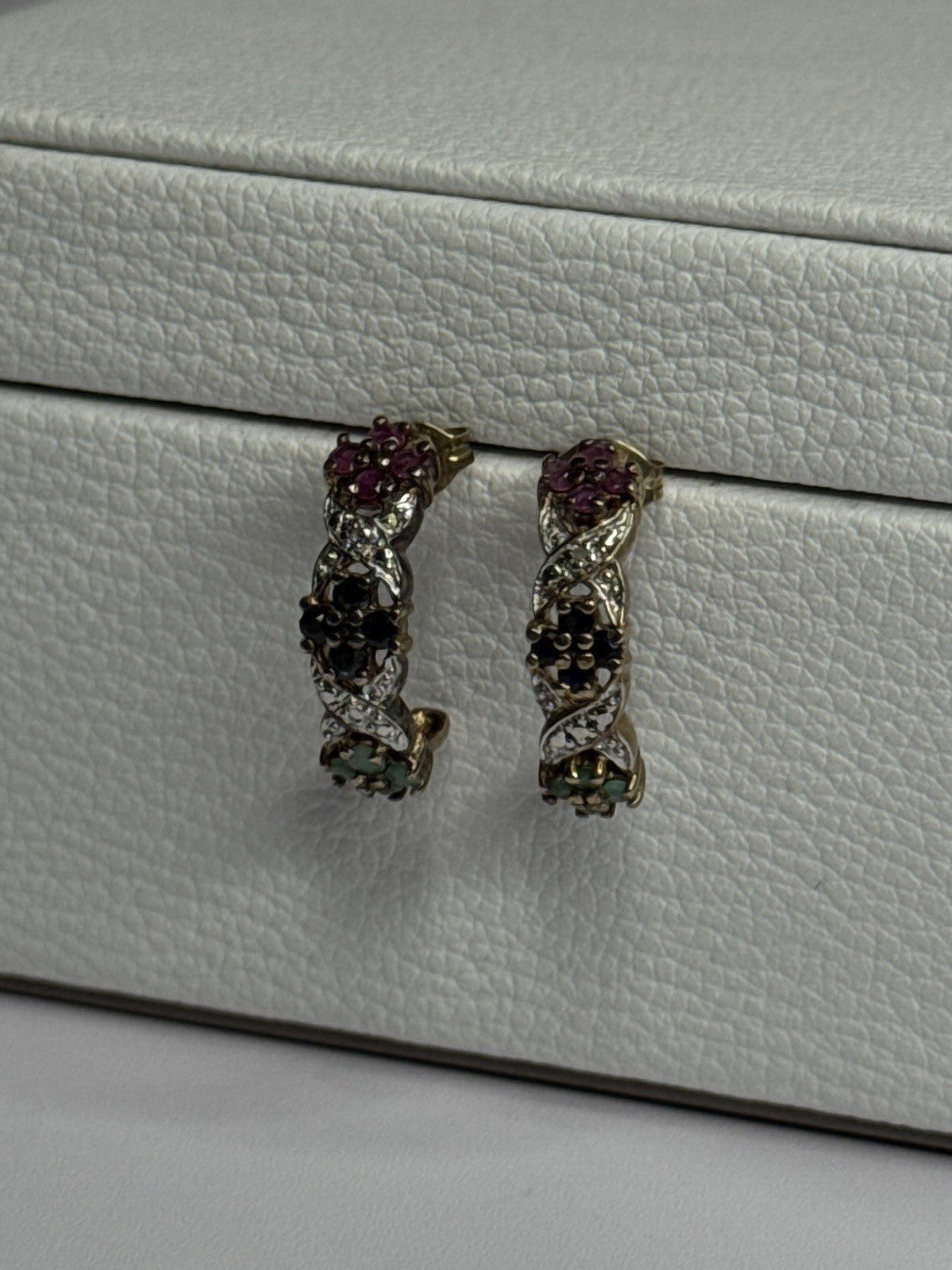 925 Sterling Silver Ruby Sapphire Emerald Earrings Length 0.80 Inch
