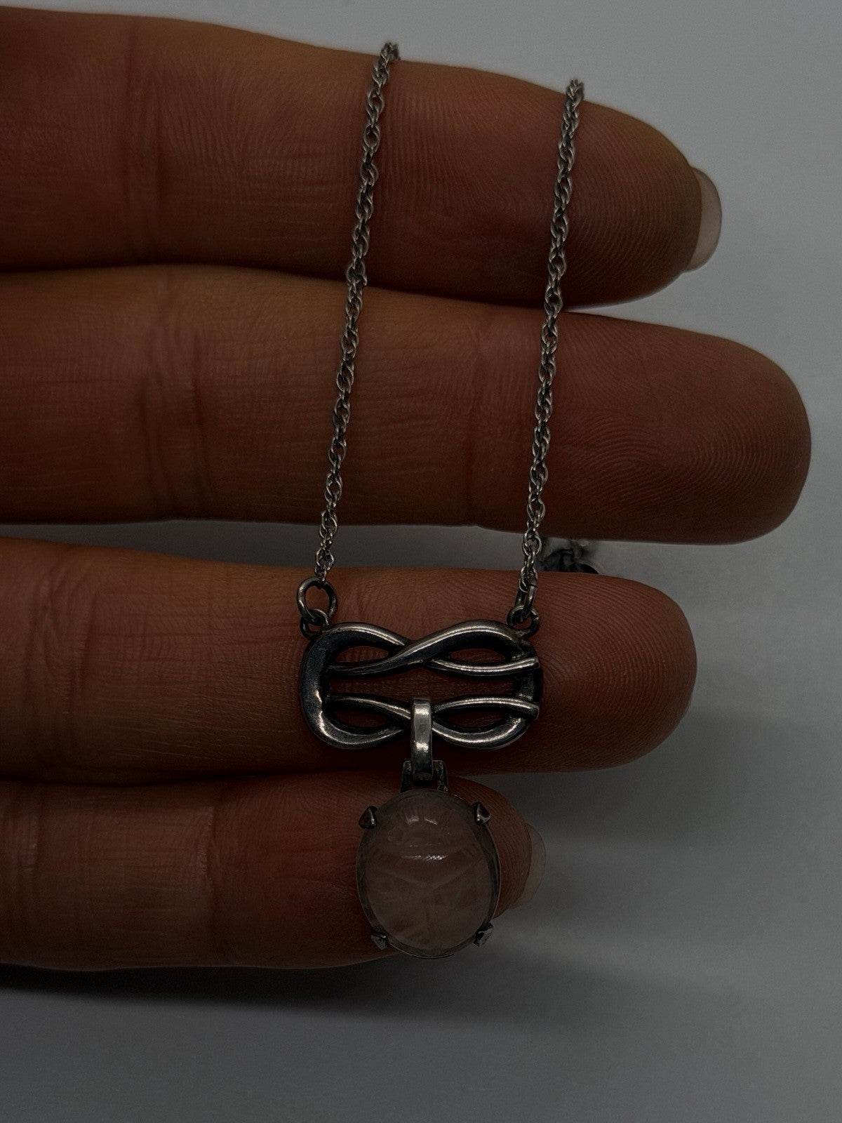 Vintage 925 Sterling Silver Rose Quartz Scarab Necklace Art Nouveau Infinity