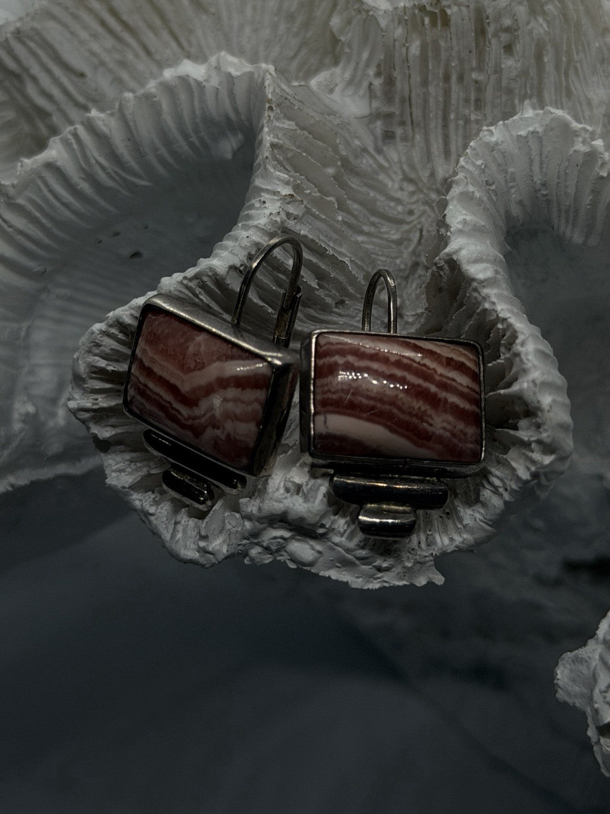Southwestern Design 925 Sterling Silver Rhodochrosite Geometric Drop Earrings