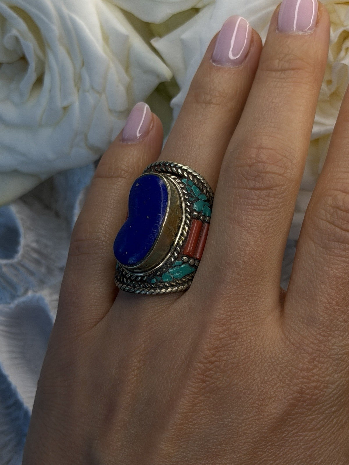 Vintage 925 Sterling Silver Lapis Lazuli Turquoise Coral Ring Size 7.5