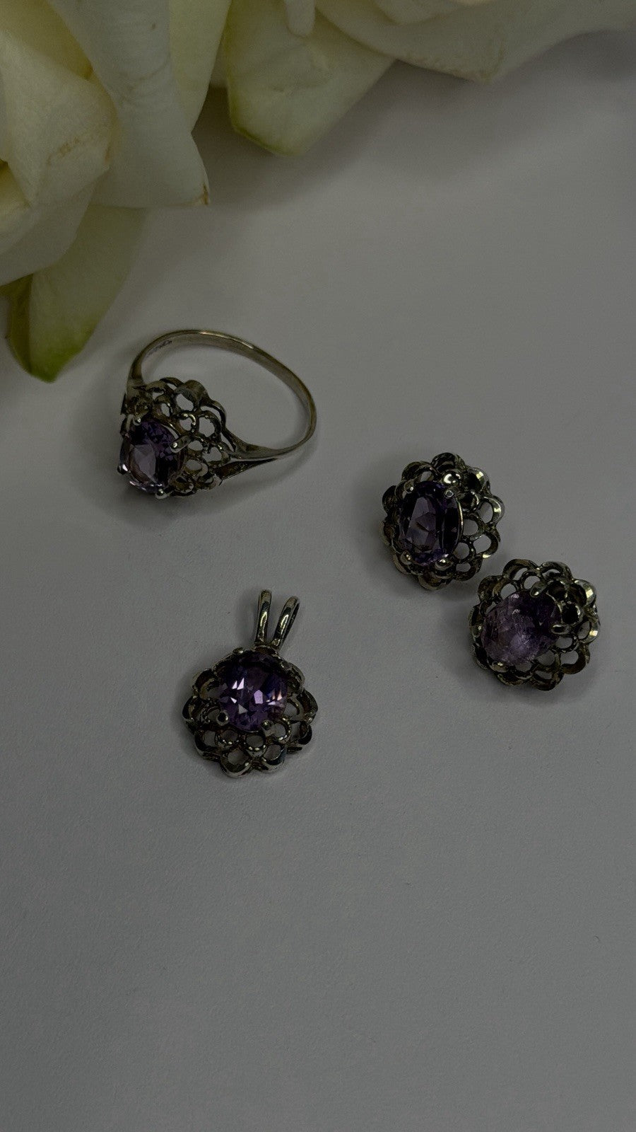 925 Sterling Silver Amethyst Set Floral Filigree Ring Pendant & Earrings