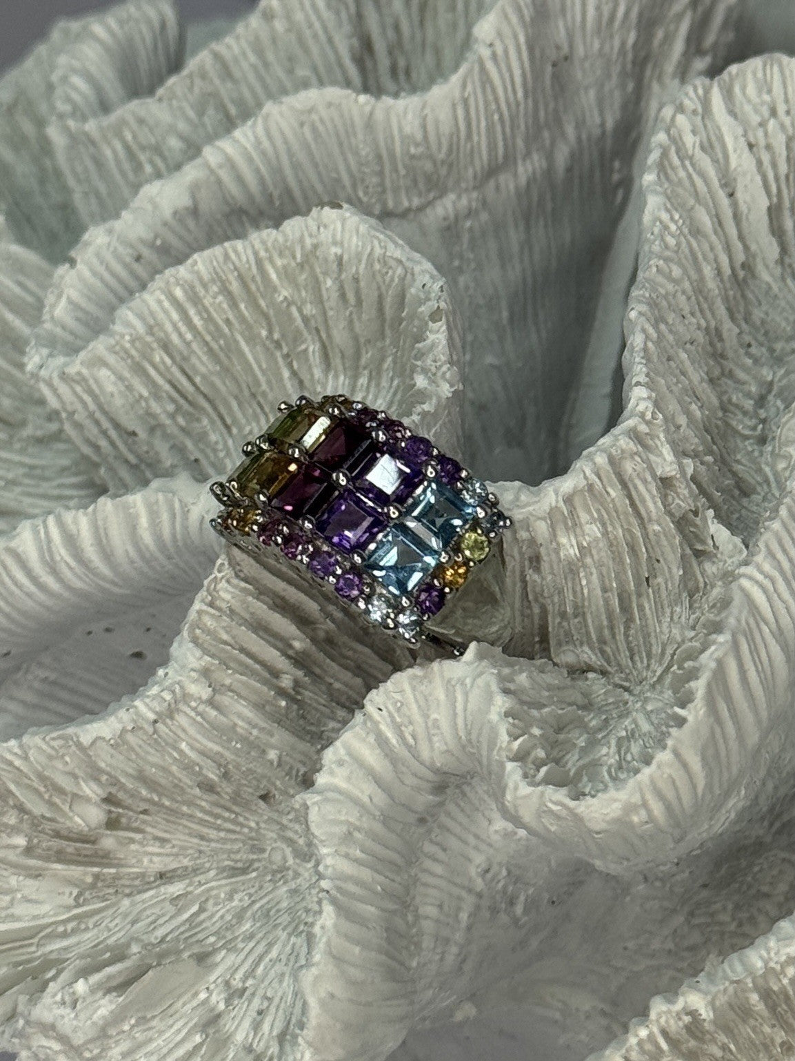 925 Sterling Silver Multicolor Stones Ring Size 7