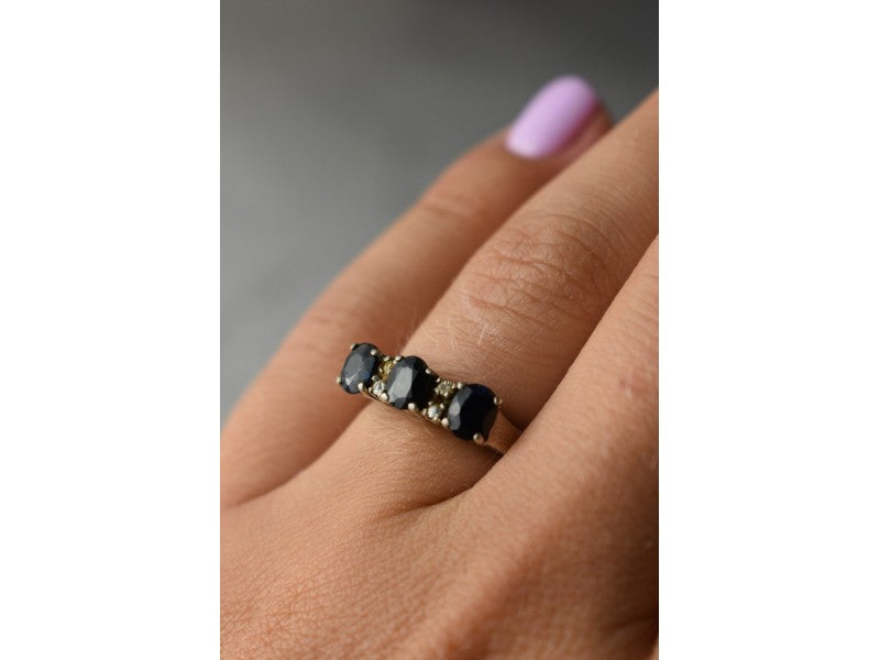 925 Sterling Silver Sapphires & CZ Ring Size 6.5