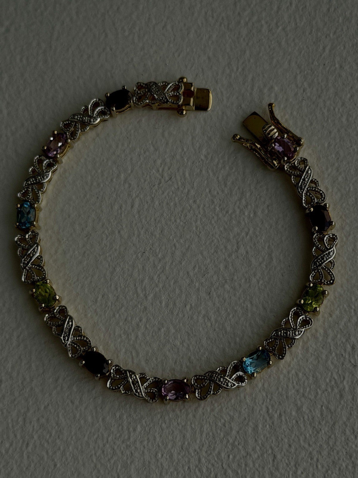 925 Sterling Silver Gold Plated Garnet Amethyst Peridot Topaz Bracelet 7.5
