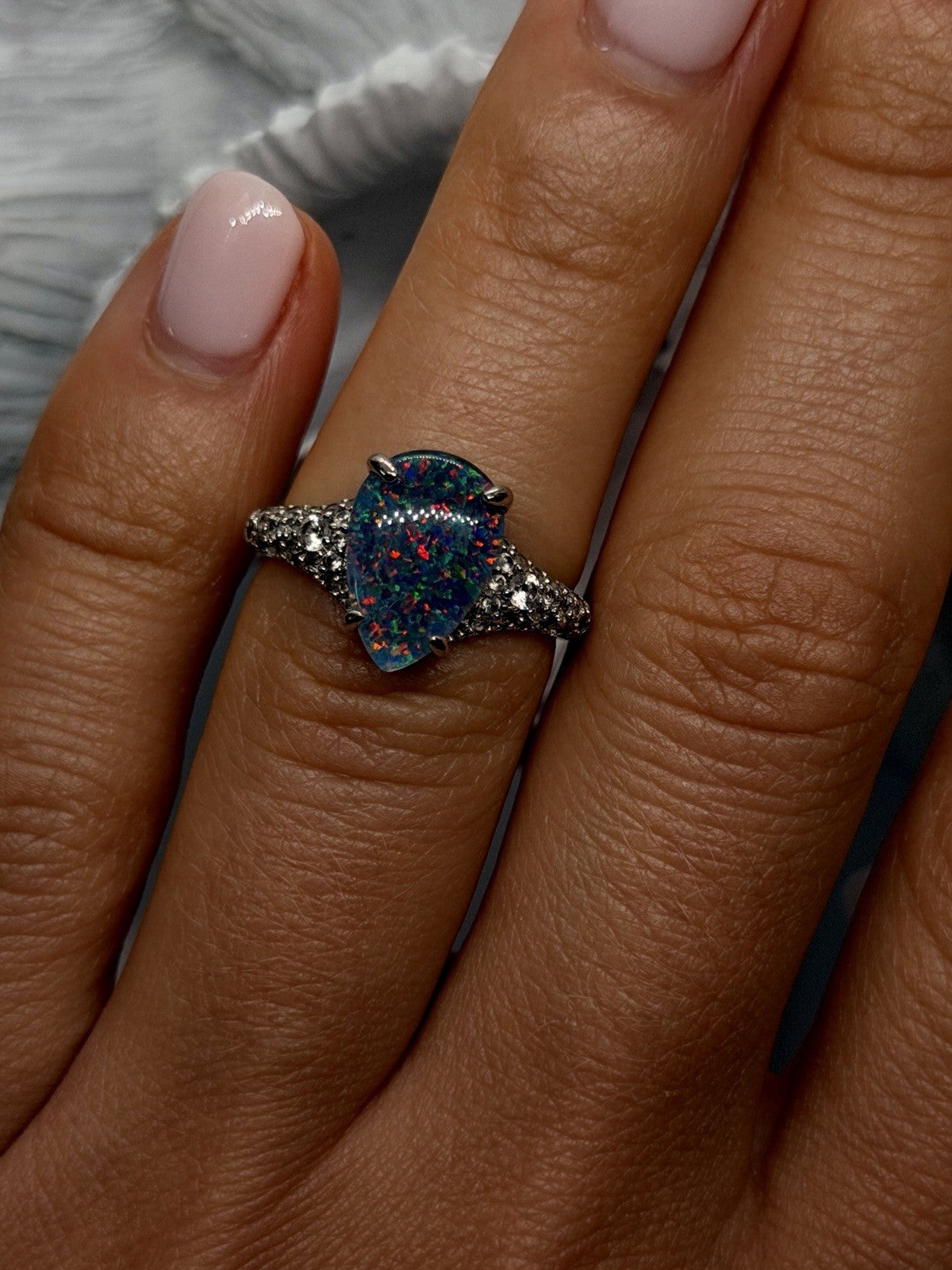925 Sterling Silver Pear-Shaped Opal & Beryl Ring Size 6