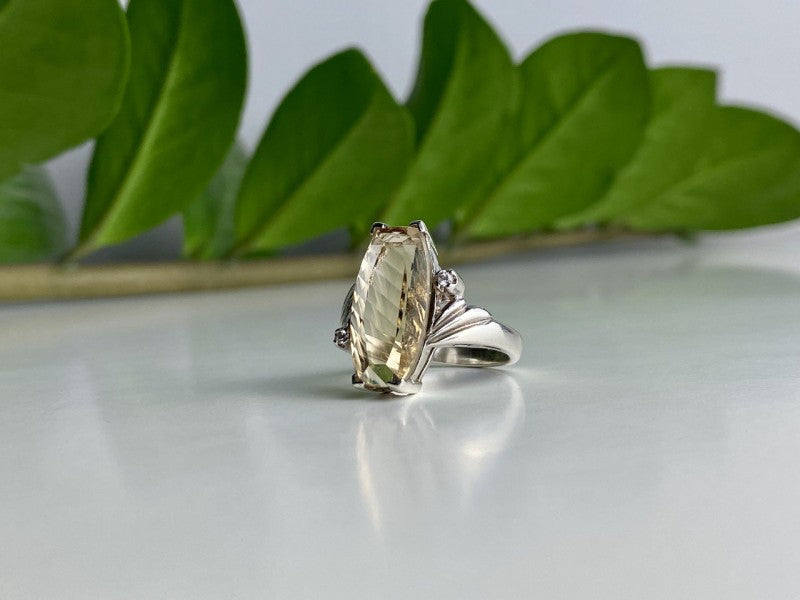 925 Sterling Silver Golden Tourmaline & Quartz Ring Size 6.5