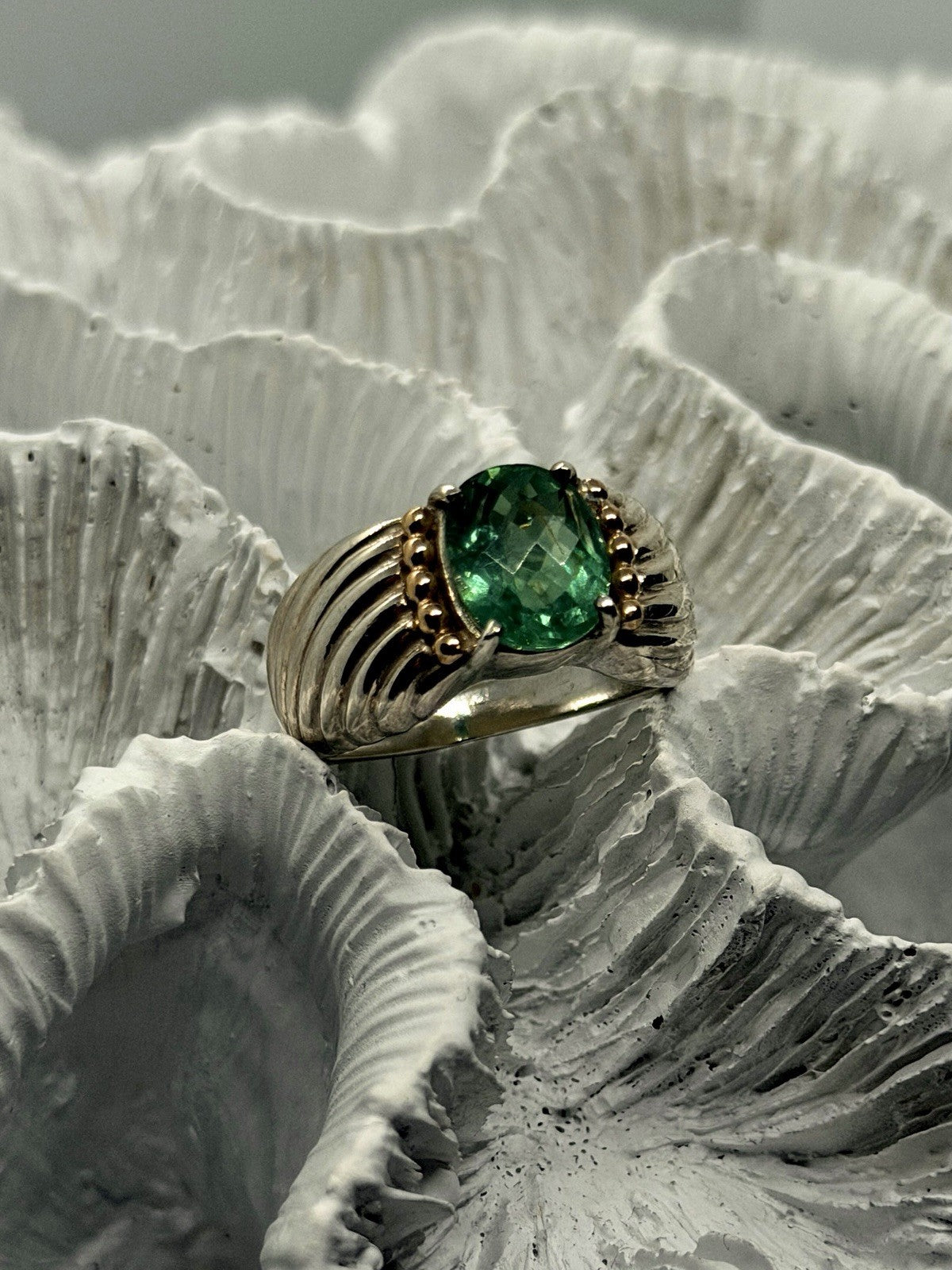 925 Sterling Silver & 14K Yellow Gold Accent Emerald Ring Size 7