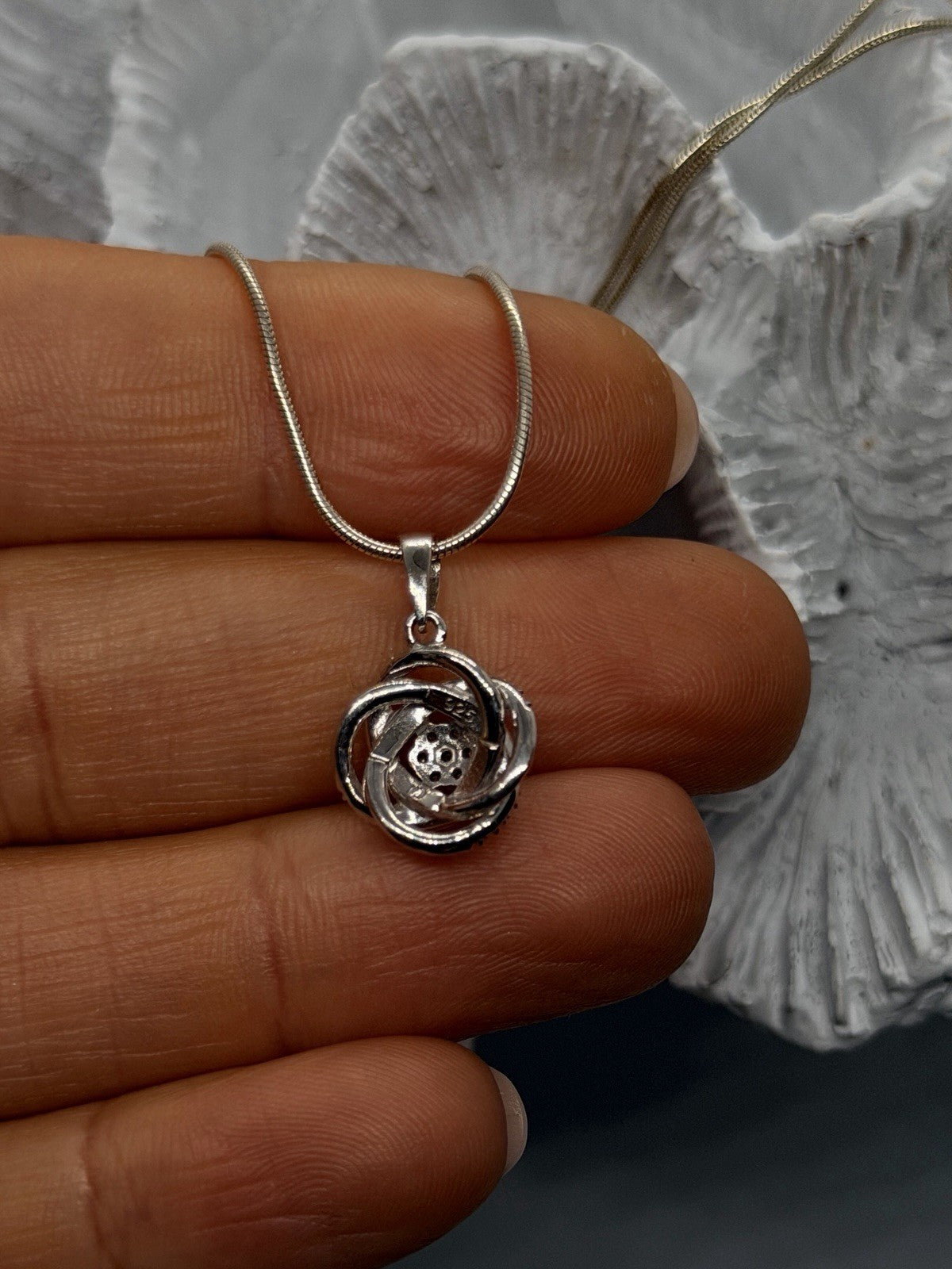 Floral Rose Design 925 Sterling Silver Diamond Cluster Swirl Necklace