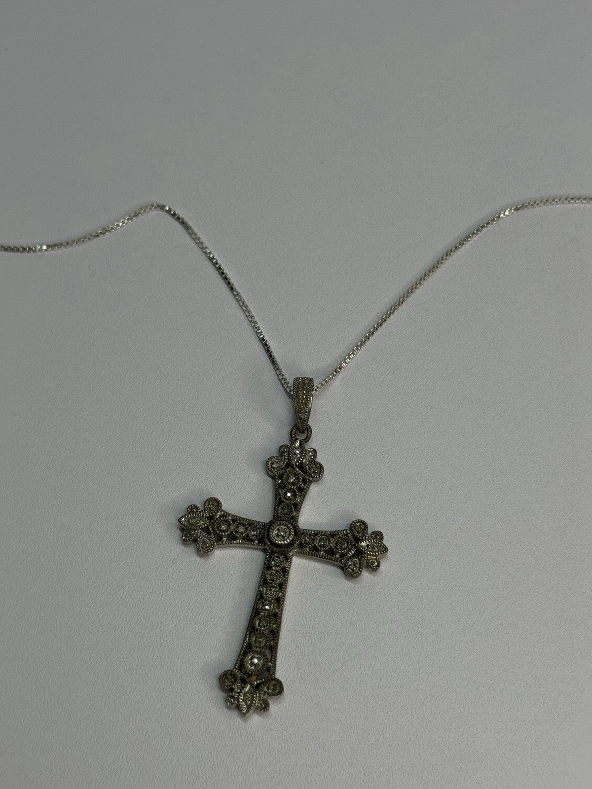 925 Sterling Silver Diamond Cross Necklace Length 30 In